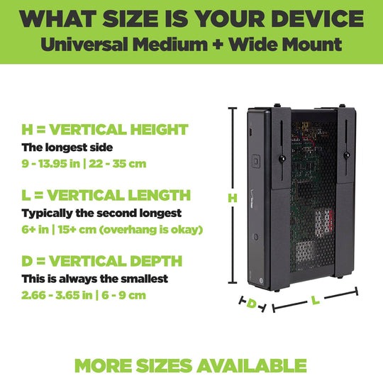 HIDEit Uni-MW Wall Mount - detailing the length of devices that can be mounted - Vertical HEight (22-35cm); Vertical Length (15= cm overhang is ok) Vertical Depth (6-9cm)