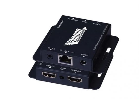 Vanco HDMI® Extender over Single Cat5e/Cat6 Cable HDMIEX50 - showing unit from the front of both units with available connections