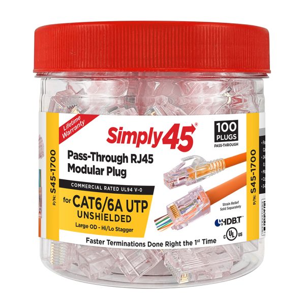 Simply45 Cat6/6a Unshielded Pass-Through RJ45 modular plugs Simply 45-1700 - showing tub with red colour coding of tub lid.