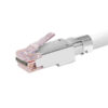 Cat6 Shielded External Pass-Through RJ45 plug showing complted and crimped cable in the plug.