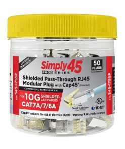 Simply 45 ProSeries 10G Shielded External Ground Pass-Through RJ45 tub - showing the yellow colour coding of the tub lid and plug.