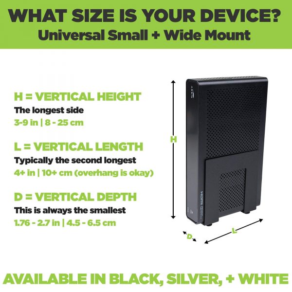 HIDEit Uni-SW Wall Mount - image detailing the maximum sizes for units that can be mounted. Vertical Height (8-25cm), Vertical Length (10= cm - overhang is ok) VErtical Depth (4.5 - 6.5cm).