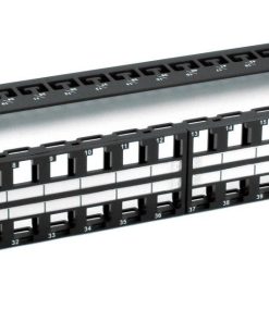 CobiCabling 48-post 1U Keystone Patch Panel shown fron the front with unit at a slight angle.
