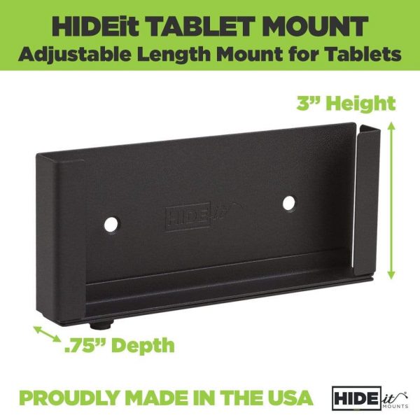 HIDEit Universal Tablet Wall Mount - showing the mount with no tablet and dimensions 3" high and .75" depth.