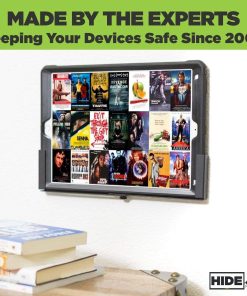 HIDEit Universal Tablet Wall Mount - w wall mounted tablet with various film covers on the screen. Text read ' made by the experts - keeping your devices safe since 2009.
