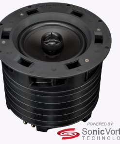 Beale Street Audio Black Series 8” Ceiling Speaker- shown facing upwards from the side at an angle with the front of the speaker visible.