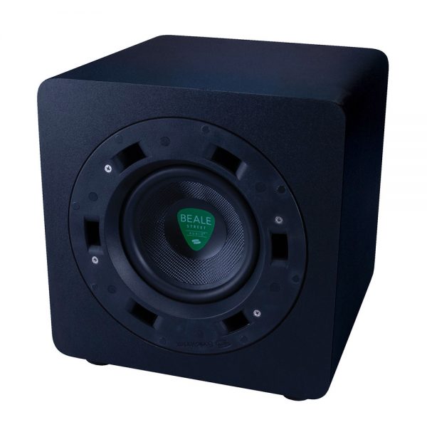 Beale Street BPS-65 in Room Subwoofer - viewed from front at an angle showing front of subwoofer and side