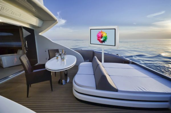 Aquavision Horizon outdoor TV on the deck of a boat