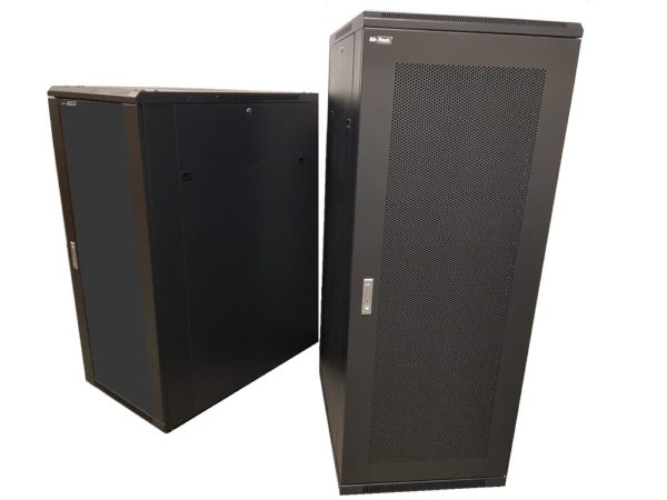 Two all-rack floor standing cabinets, one front view with a mesh door and one back view.
