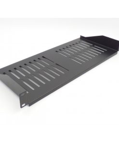 ALL-Rack Black deep front Fixing Cantilever Shelf - 1U - angled view.