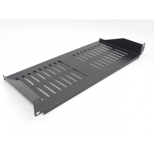 ALL-Rack Black deep front Fixing Cantilever Shelf - 1U - angled view.