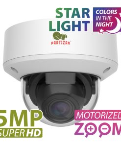 Partizan 5.0MP IP Varifocal Camera (IPD-VF5MP-IR AF Starlight SH 1.0) - showing unit and text 'Star Light colors in the night and 5MP Super HD and Motorized Zoom'