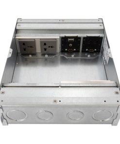 FSR FL-500P 80mm Floor Box - angled view showing inside of floor box and sockets.