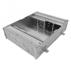 FSR FL-500P 80mm Floor Box - angled view showing inside of floor box and sockets.