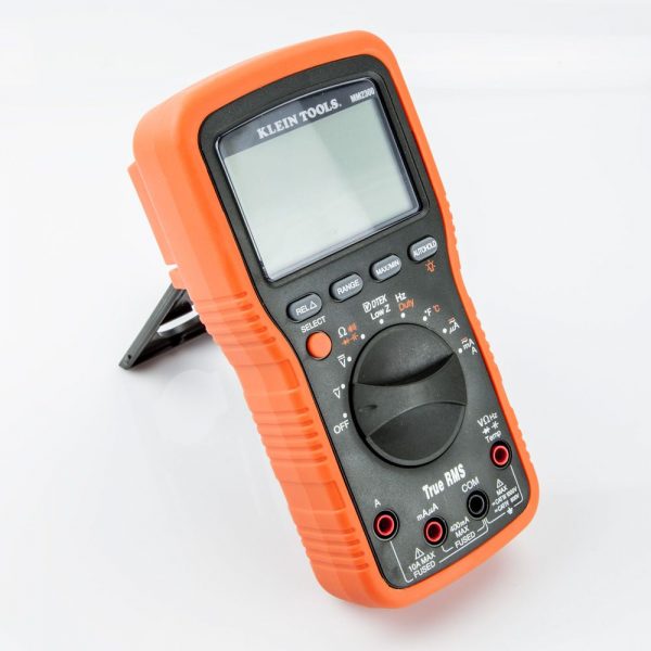 Klein Tools Multimeter MM2300 - tool within the hard casing and the prop stand being used to stand the tool up.