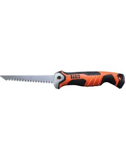 KLEIN TOOLS Folding Jab Saw / Pad Saw - showing in open position at an angle from the side - showing blade and handle.