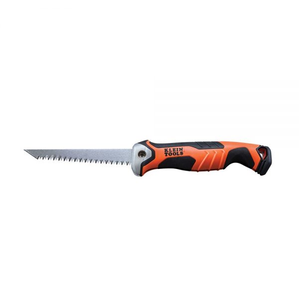 KLEIN TOOLS Folding Jab Saw / Pad Saw - showing in open position at an angle from the side - showing blade and handle.