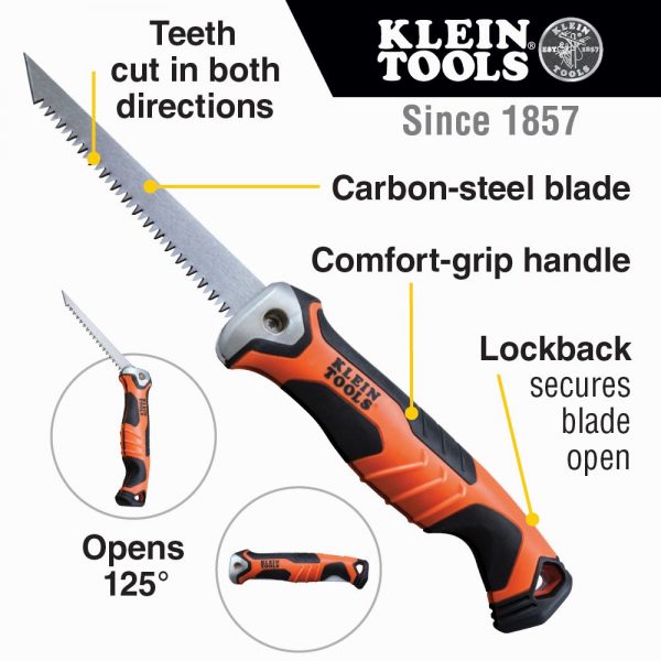KLEIN TOOLS Folding Jab Saw / Pad Saw - showing features 'cut in both directions', carbon steel blade, Comfort grip handle, Lockback