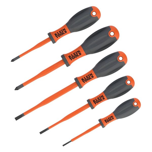 Klein tools insulated screwdriver set showing 5 screwdrivers from above showing the ergonomic handles.