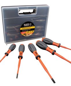 Klein tools insulated screwdriver set showing plastic case with 5 scredrivers sitting outside it.