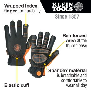 Klein Tools Electricians Gloves information detailing main features including wrapped index finger, reinforced area at thumb base and spandex material - breathable and comfortable