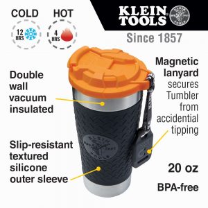 KLEIN TOOLS Tradesman Tumbler infographic showing main features including 'Double wall vacuum insulated', ' Slip resistant textured silicone outer sleeve' and 'magnetic Lanyard'.