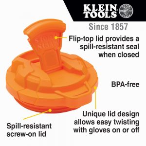 KLEIN TOOLS Tradesman Tumbler lid infographic showing main features including 'flip top lid providing a spill resistant seal when closed', 'spill resistant screw-on lid' and ' unique lid design allowing easy twisting with gloves on or off'. 