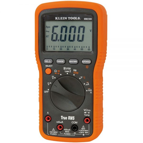 Klein Tools Electrician's/HVAC TRMS Multimeter showing diplay, dial input and output sockets