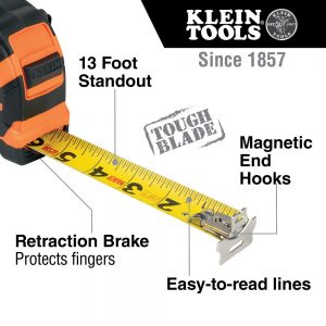 KLEIN TOOLS Tape Measure 30ft - infomation sheet with text '13 ft standout', 'Magnetic End Hooks', 'Retraction brake' and 'Easy to read lines'