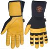 Pair of Klein Tools Lineman work gloves showing palm and back view
