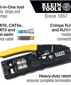 KLEIN TOOLS Ratcheting Data Cable Crimper / Stripper / Cutter infographic showing the main features of the tool - text includes 'All-in-one tool cuts, strips and crimps', 'CAT6, CAT5e, CAT3 and flat satin coice cable and 'Crimps RJ45 and RJ11/12 modular connectors. 