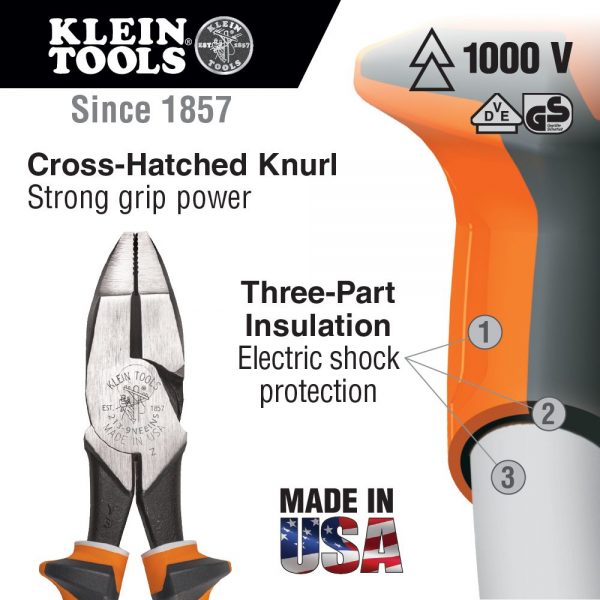 KLEIN TOOLS Insulated Pliers, Slim Handle Side Cutters infographic showing tip of pliers with text 'Cross-hatched knurl' and showing three points of insulation on the handles,
