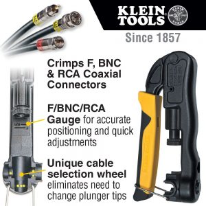 KLEIN TOOLS Heavy-Duty Multi-Connector Compression Crimper infographic showing features of the tool includes text 'Crimps F, BNC and RCA Coaxial Connectors', ' F/BNC/RCA Gauge for accurate positioning and quick adjustments and 'Unique cable selection wheel delimiters the need to change plunger tips. 