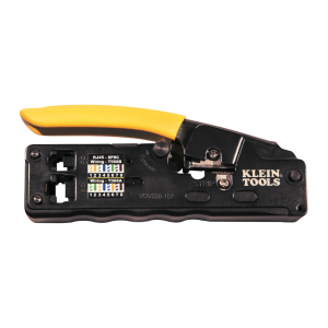 KLEIN TOOLS Ratcheting Data Cable Crimper / Stripper / Cutter - side view of the tool showing the main crimper, cutter and handle 