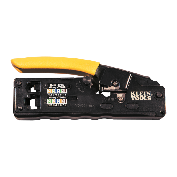 KLEIN TOOLS Ratcheting Data Cable Crimper / Stripper / Cutter - side view of the tool showing the main crimper, cutter and handle 