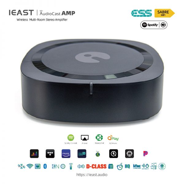 iEAST AMP80 iEAST multiroom streaming amplifier - showing the unit and the services it supports