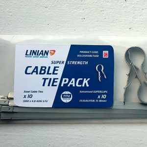 LINIAN Cable Tie Pack packaging - superclip version with two superclips next to the packaging and some steel cable ties below