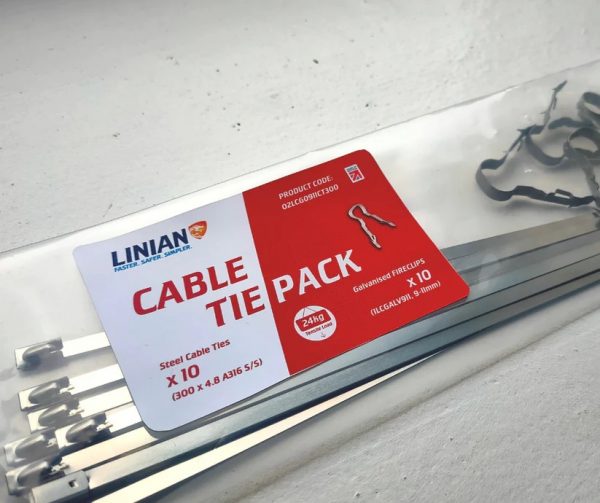 LINIAN Cable Tie Pack packaging - fireclip version with two fireclips next to the packaging and some steel cable ties below