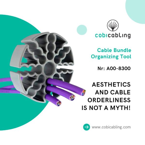 CobiCabling Cable Bundle Organising Tool - advert showing the tool with three cables threaded through it