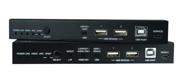Evolution Uncompressed 4K HDBaseT Extender EVEHDB3 - front view of both units showing connections and controls