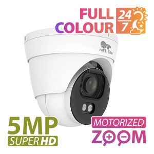 Partizan 5.0MP IP Varifocal camera IPD-VF5MP-IR Full Colour SH - showing camera unit and text 'Full Colour 24/7 and 5MP Super HD motorised zoom