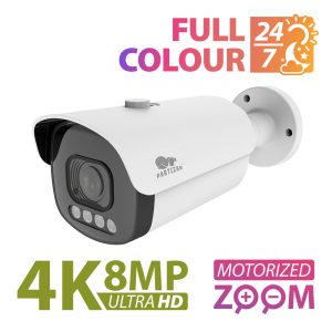 Partizan 8.0MP (4K) IP Varifocal camera IPO-VF5MP AF Full Colour SH - showing camera unit and text 'Full Colour 24/7 and 4K 8MP Ultra HD motorised zoom