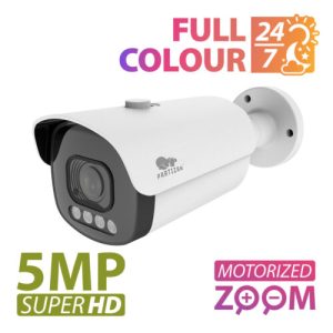 Partizan 5.0MP IP Varifocal camera IPO-VF5MP AF Full Colour SH - showing camera unit and text 'Full Colour 24/7 and 5MP Super HD motorised zoom