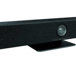PulseAudio Collaboration Video Bar PA-CVB1 - angled view of the front of the unit showing the stand and the camera within the soundbar.