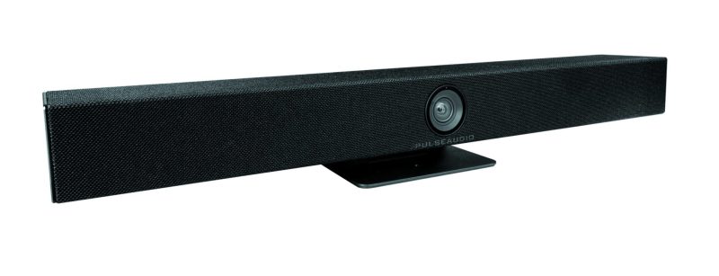 PulseAudio Collaboration Video Bar PA-CVB1 - angled view of the front of the unit showing the stand and the camera within the soundbar.