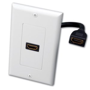 Vanco Single HDMI Pigtail Decor Wall Plate - front view showing HDMi connections, rectangular shape and fly lead HDMI connection from back of plate