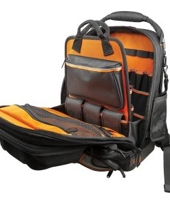 Tradesman Pro™ Tool Master Tool Bag Backpack - with bag unsipped showing tool pockets and orange interior.