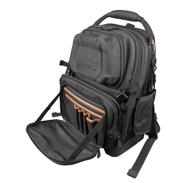 Tradesman Pro™ Tool Master Tool Bag Backpack - showing front of bag with front pouch unzipped. to reveal additional tool pockets.