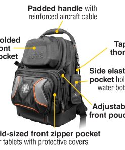 Tradesman Pro™ Tool Master Tool Bag Backpack - showing front of bag and listing features - molded front pocket, tape thong, ide elastic pocket, adjustable front pouch, mid-sized front sipper pocket.