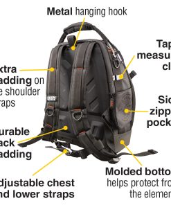 Tradesman Pro™ Tool Master Tool Bag Backpack - showing back of bag and listing features - extra padding, Durable back padding, Adjustable chest and lower straps, moulded bottom, side zipper pocket and tape measure clip.